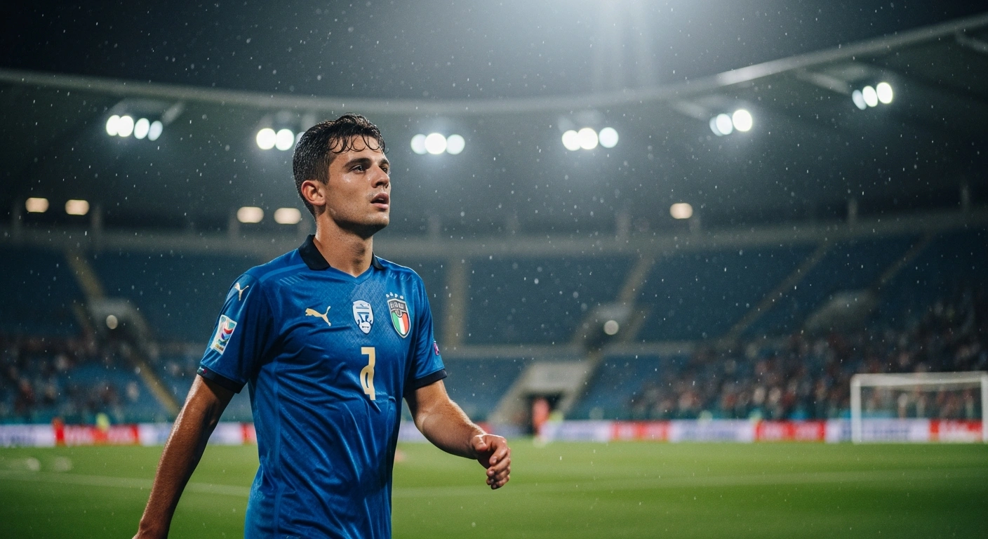 Federico Chiesa stands on a professional football pitch wearing the Italian national team kit during a training session.
