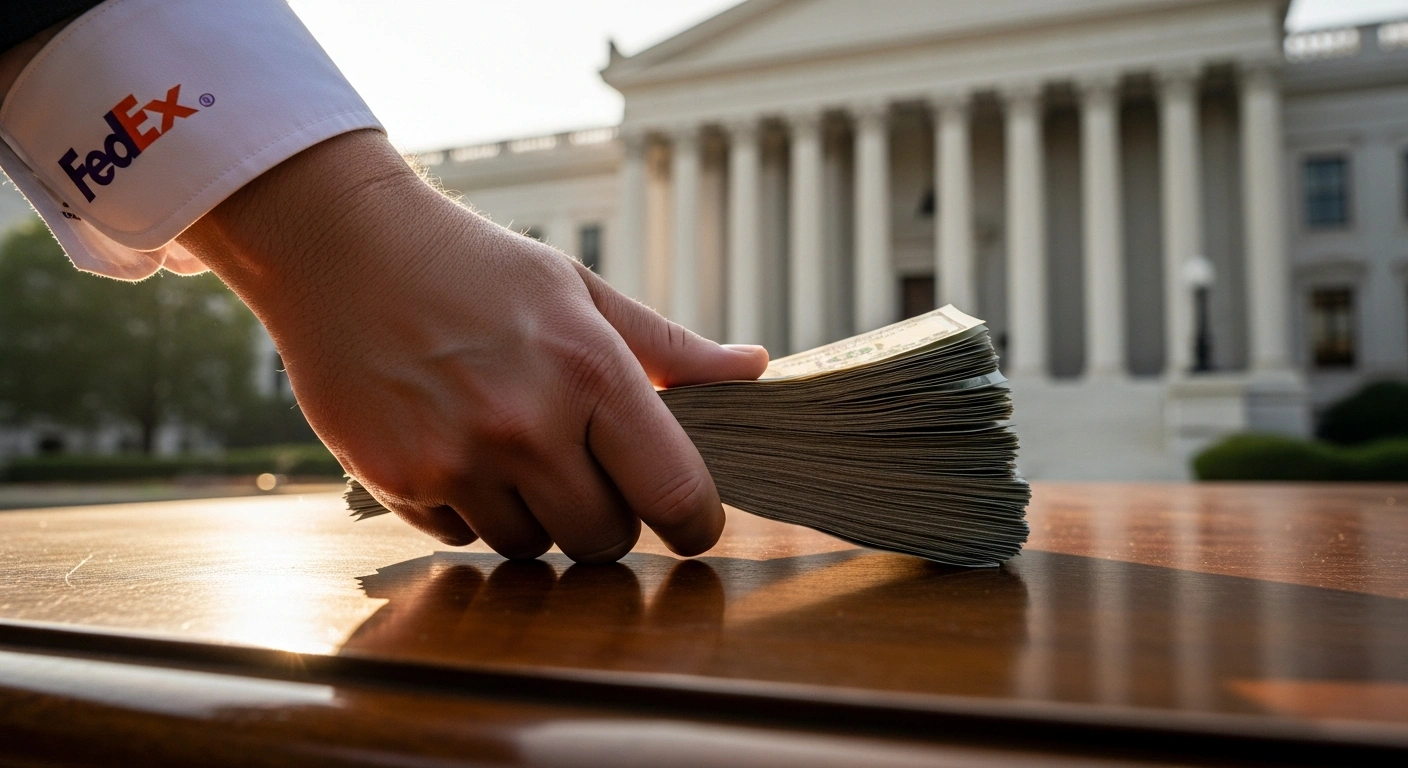 A hand, subtly branded with FedEx colors, places a stack of money onto a wooden desk, with a blurred courthouse in the background under late afternoon sun, symbolizing FedEx refunding customers for tariff payments after a lawsuit against the U.S. government following a Supreme Court ruling.