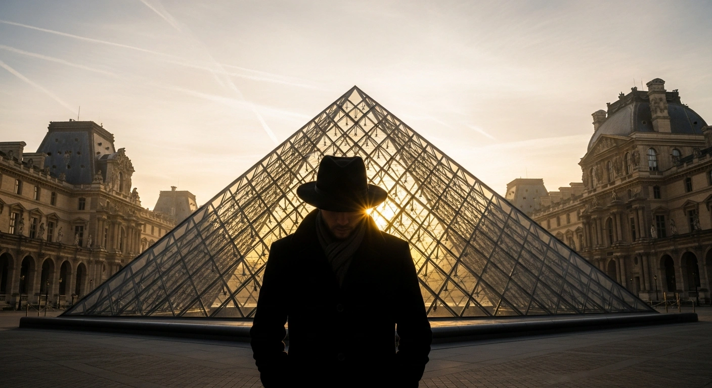 A French teenager, known as the 'fedora man,' stands silhouetted against the Louvre Museum's glass pyramid at dawn, wearing a fedora, on the day of a major crown jewels heist.