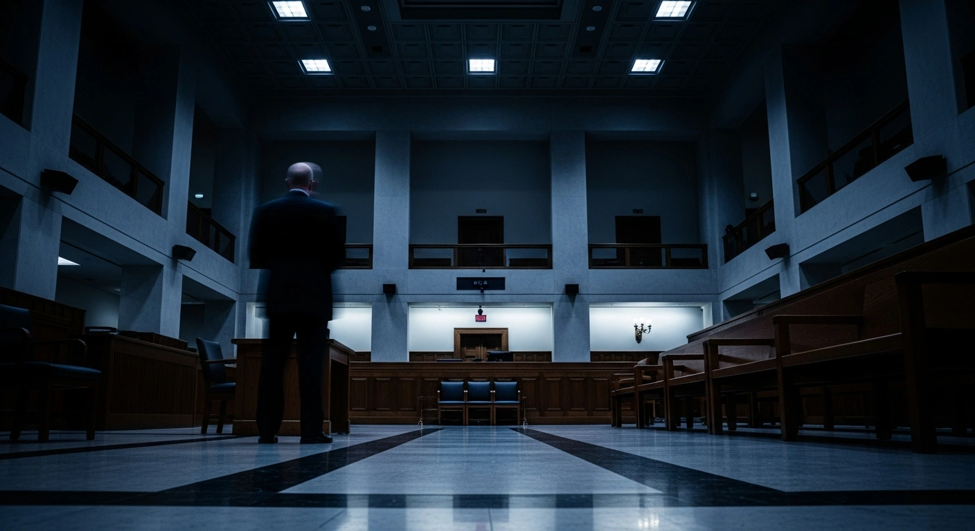 A somber courtroom scene representing the federal fraud case against Aimee Bock and the Feeding Our Future nonprofit.