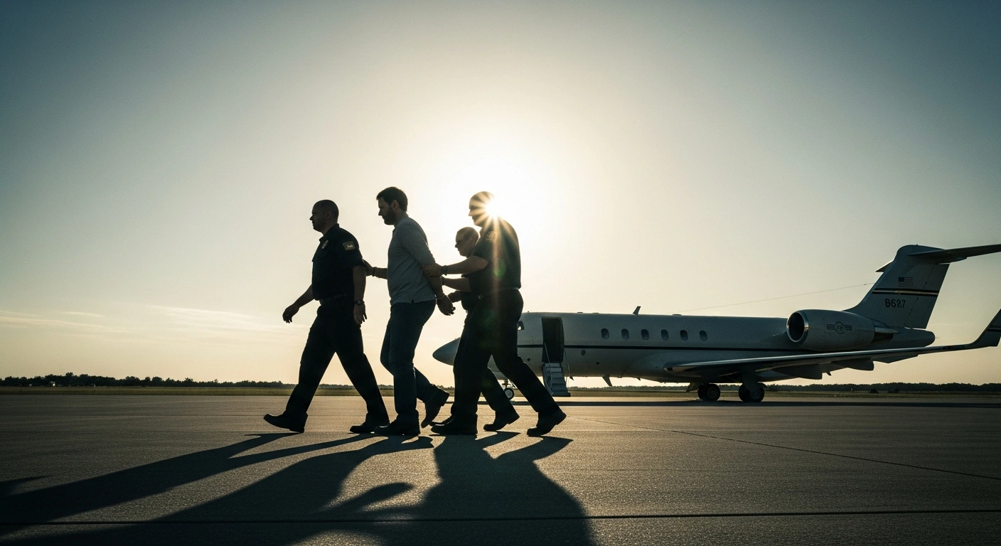 Federal agents escort a suspect in the Feeding Our Future fraud scheme across an airport tarmac after his arrest in Somalia.