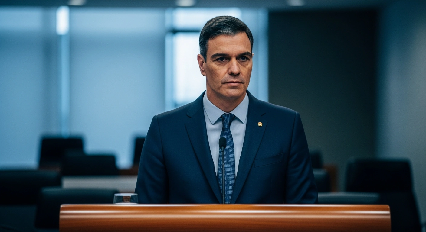 Alberto Núñez Feijóo stands at a podium during a political address to discuss Spain's immigration policies and labor market needs.