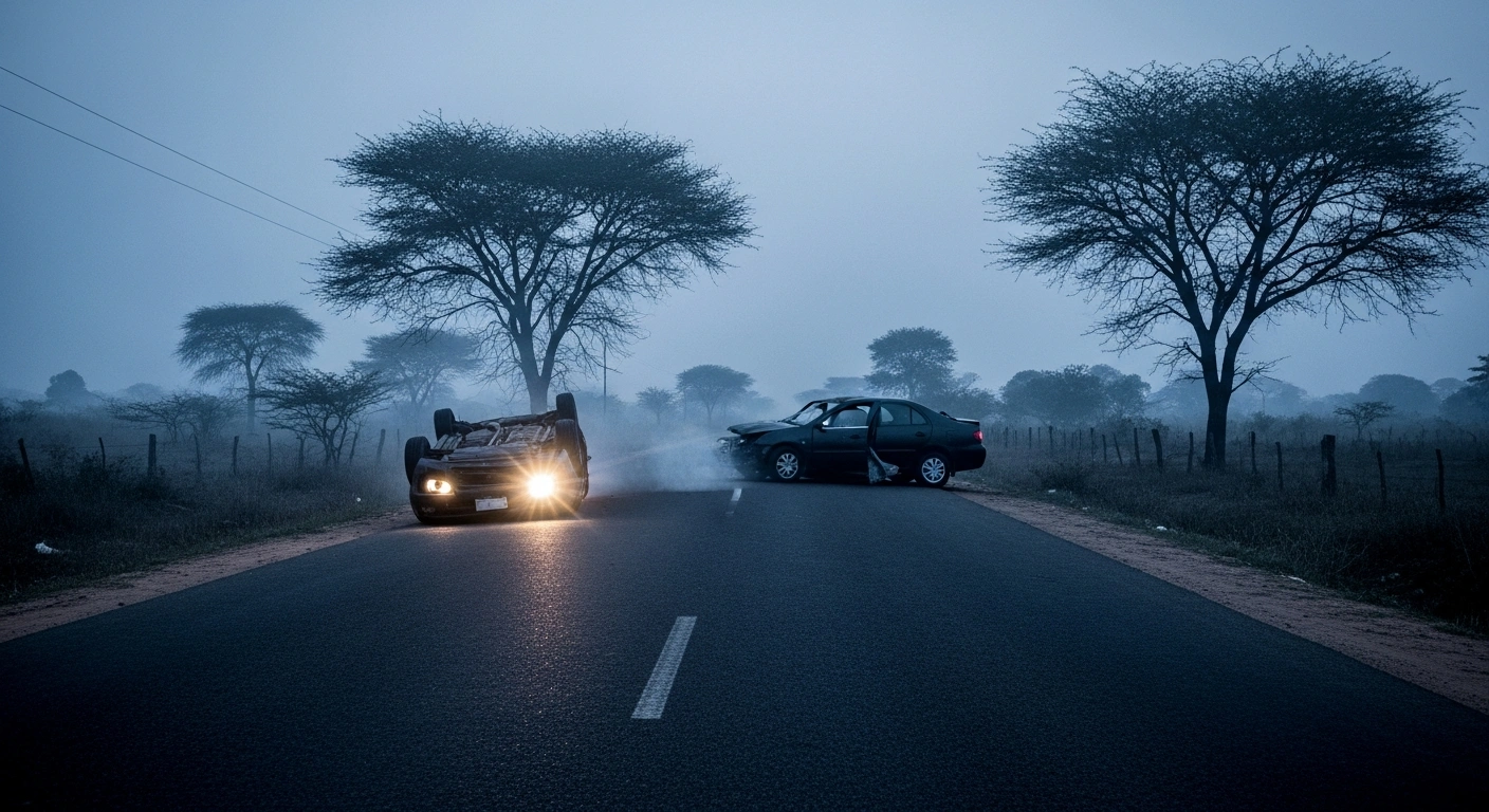 A wide, low-angle shot of a desolate, rural Nigerian road at dawn, featuring a dark, overturned sedan with shattered headlights and a faint wisp of smoke, symbolizing the tragic shooting death of Felix Idisi, the acting APC chairman in Ethiope East Local Government Area of Delta State.