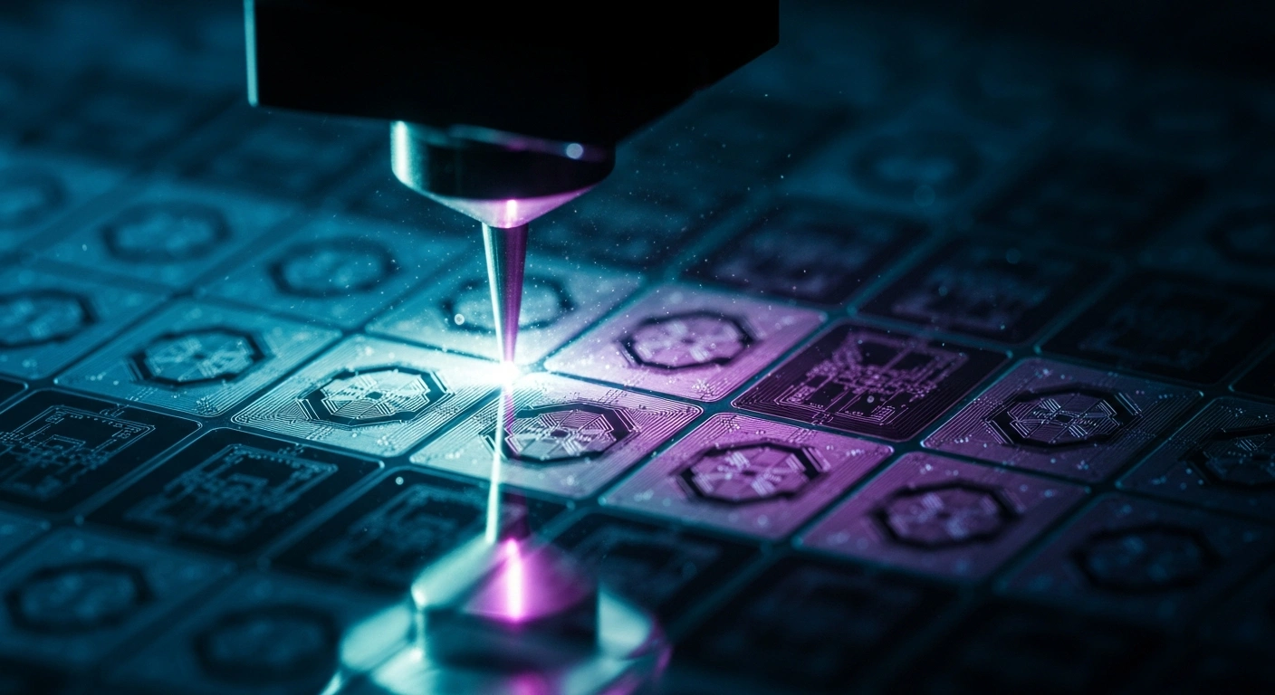 A precision femtosecond laser etches complex patterns onto a 3D optical chip to streamline the production of photonic integrated circuits.