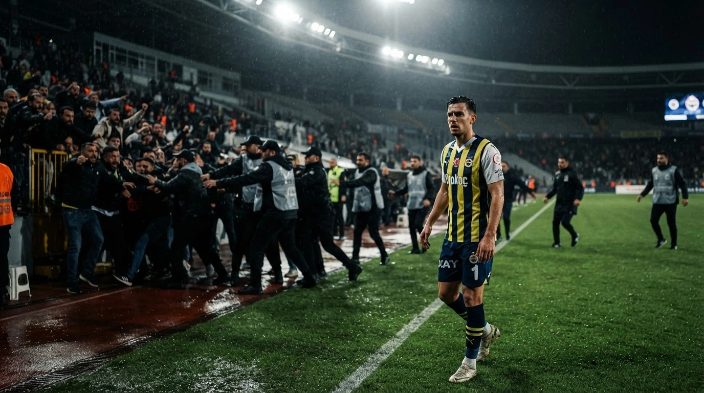 A professional football player stands on the pitch while security personnel and fans engage in a physical altercation following a match between Fenerbahce and Olympique Lyon.