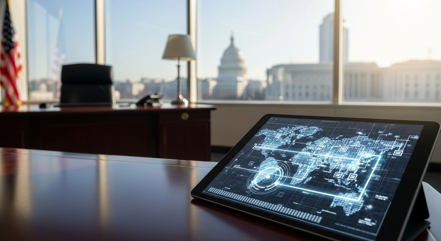 A professional office setting displays a digital map of the United States power grid, representing the Federal Energy Regulatory Commission's oversight of national energy infrastructure.