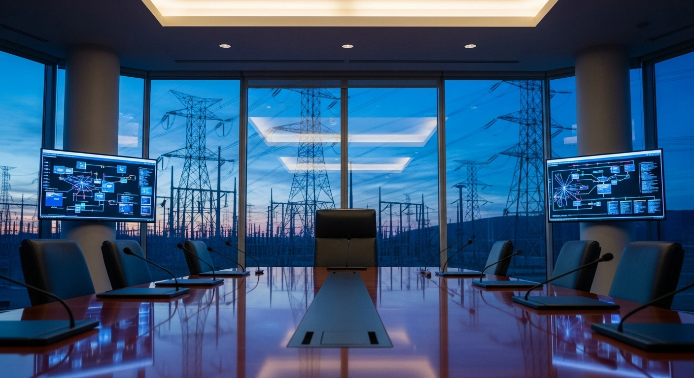 A modern boardroom overlooks a large electrical power grid infrastructure as the Federal Energy Regulatory Commission prepares to review PJM Interconnection governance.