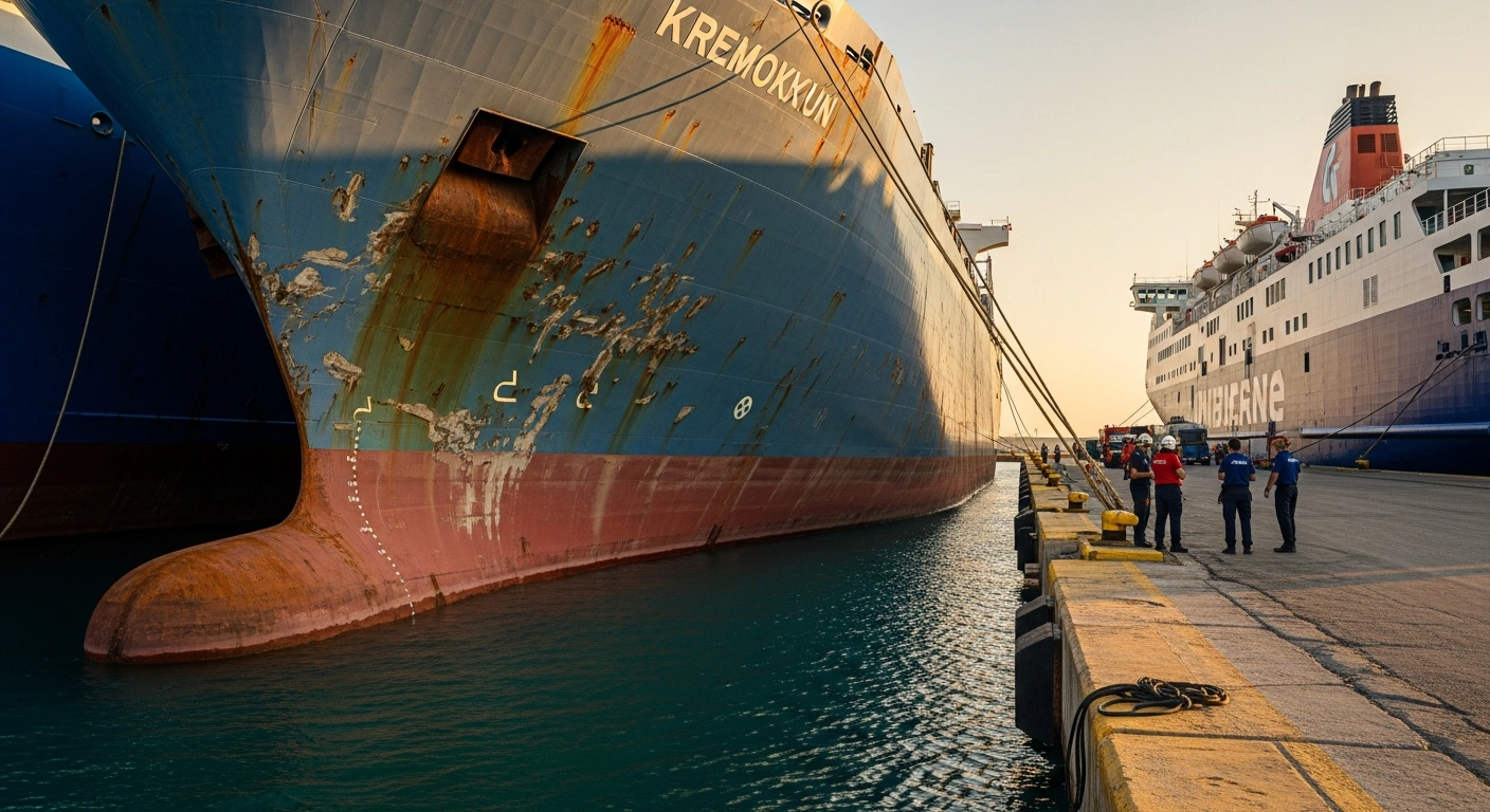 A passenger ferry and a cargo ship are docked side-by-side at the Port of Souda in Crete following a minor collision.