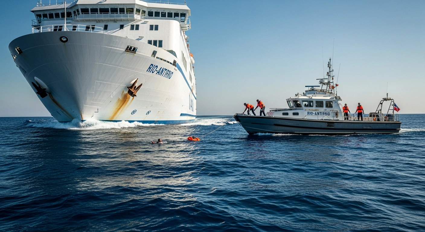 The crew of a ferry boat performs a rescue operation for an elderly woman struggling in the strong currents near the Rio-Antirrio crossing in Greece.