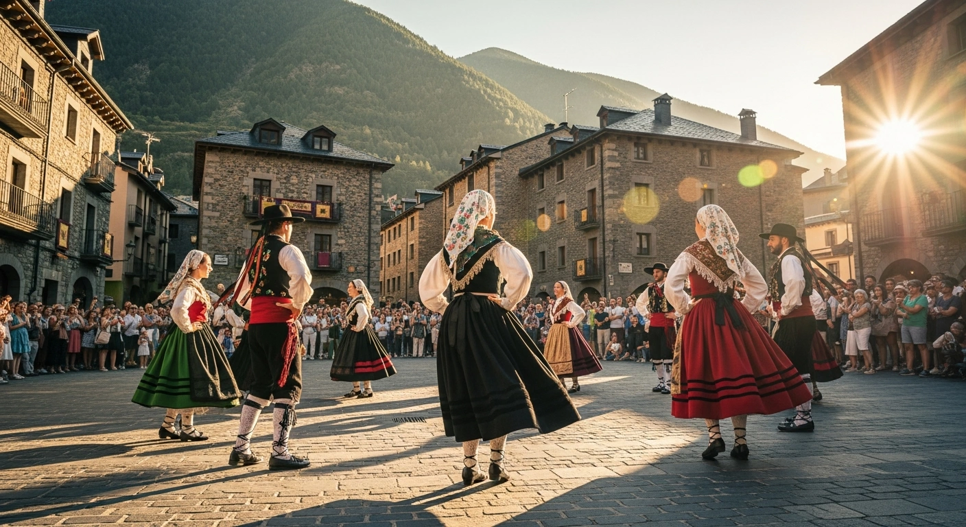 Dancers perform the traditional Ball de la Marratxa during the Festa Major celebration in Sant Julià de Lòria, Andorra.