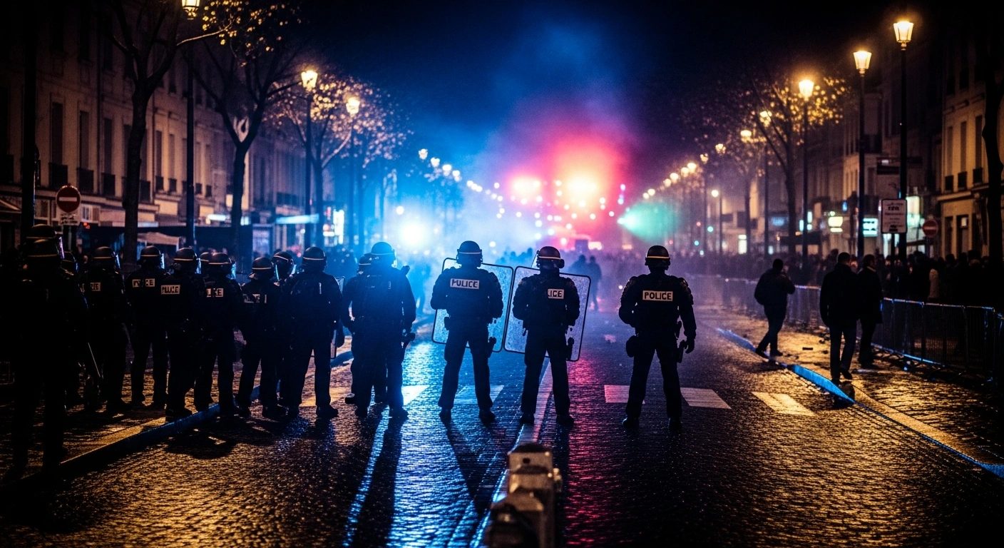 French police officers manage a crowd during the Fête de la Musique festival as arrests are made following reports of public disorder.