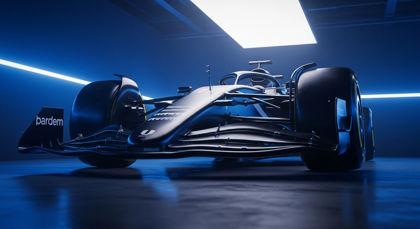 A professional Formula One race car sits in a dark garage as the FIA prepares to review pit-lane speeding penalties for driver Pierre Gasly.