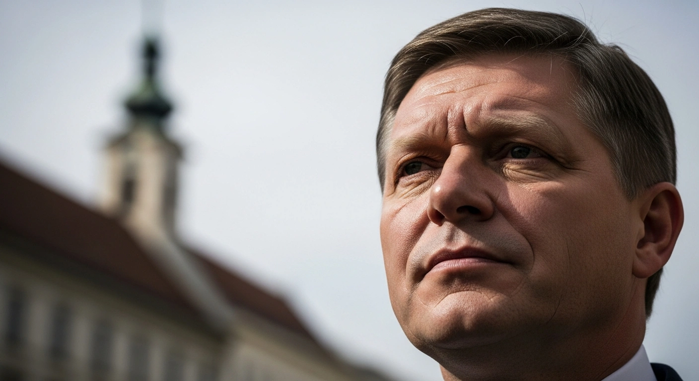 Slovak Prime Minister Robert Fico, with a serious and contemplative expression, stands at a podium against a subtly blurred backdrop of a European cityscape, advocating for immediate dialogue in the Ukraine conflict and criticizing the European Union's focus on military aid.