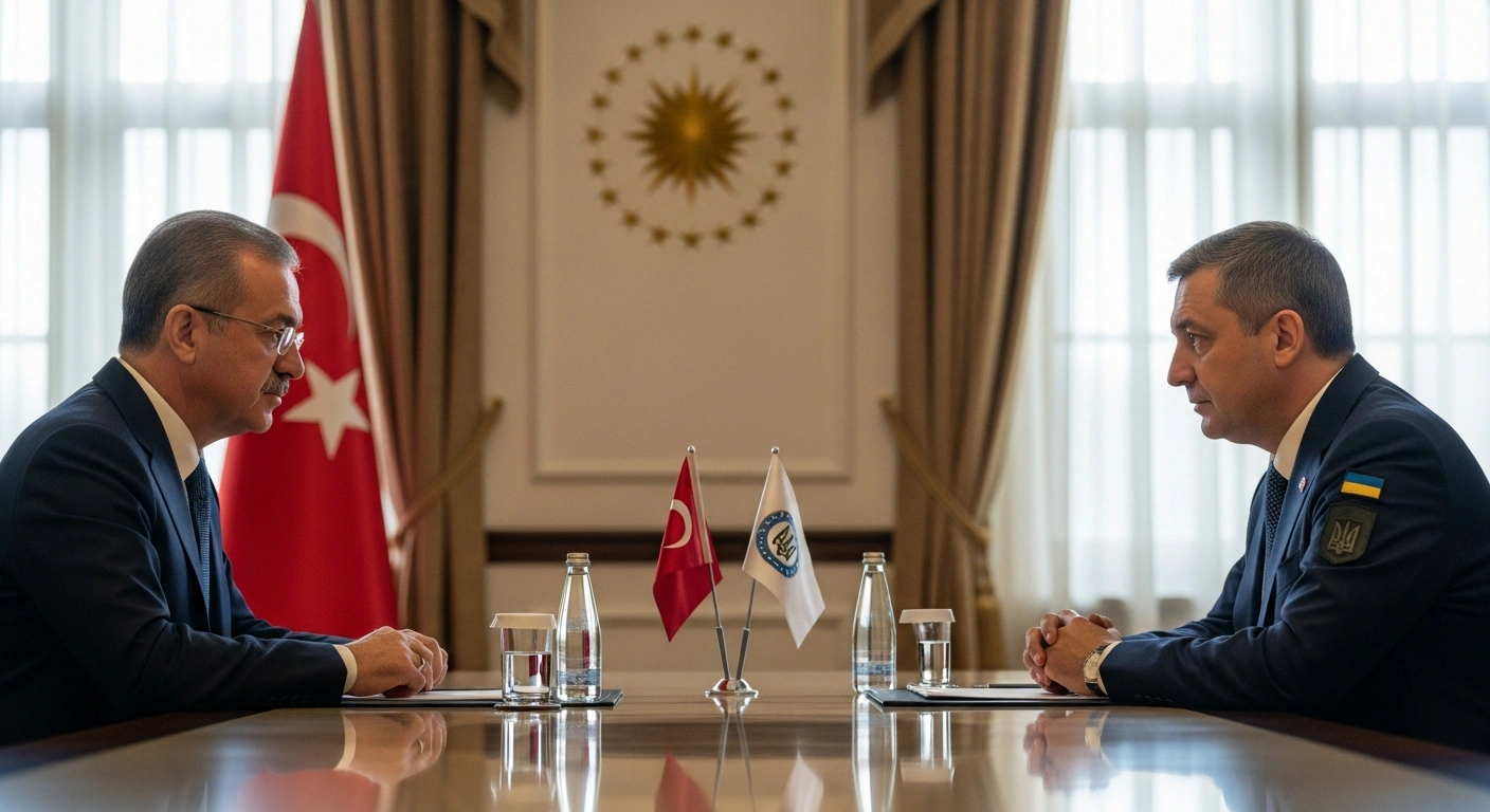 Turkish Foreign Minister Hakan Fidan and Rustem Umerov, Secretary of Ukraine's National Security and Defense Council, are seated across a polished table in a subtly lit conference room in Ankara, engaged in serious discussion, with a Turkish flag subtly visible in the background.
