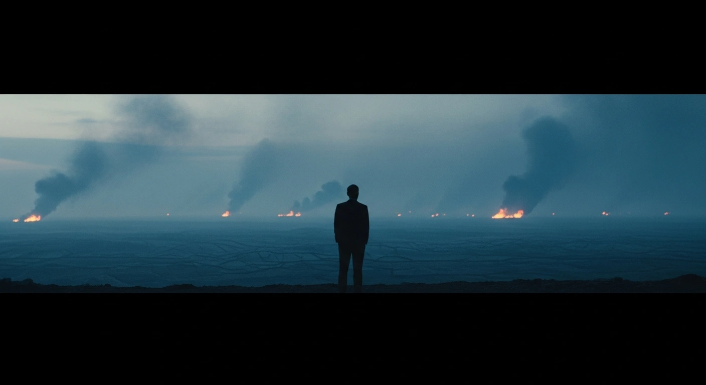 A silhouette of a diplomat stands against a smoky, war-torn landscape, representing the urgent call for an end to the bombardment in Lebanon.