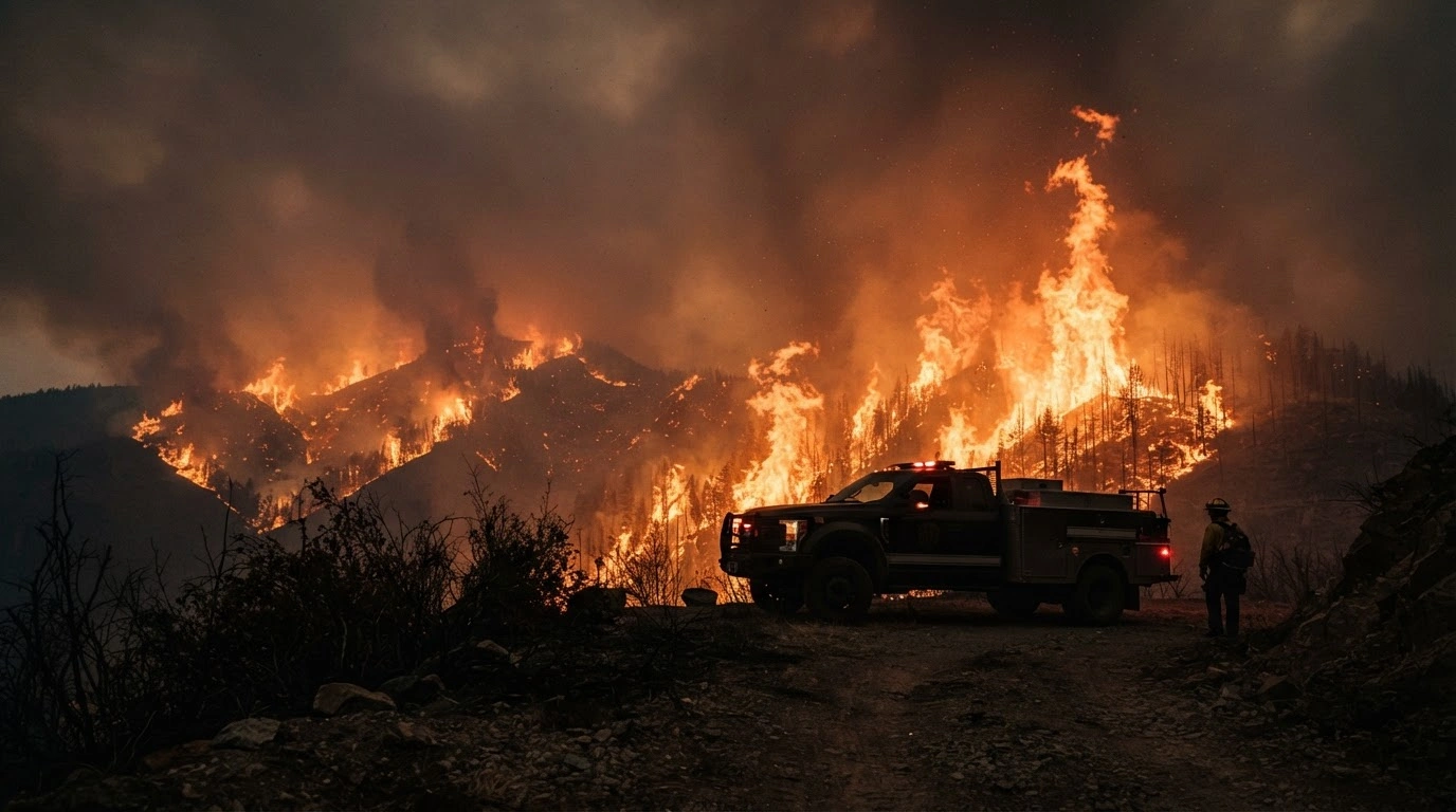 A massive wildfire burns across the Fielder Mountain landscape in Oregon as emergency responders manage the disaster following a FEMA declaration.