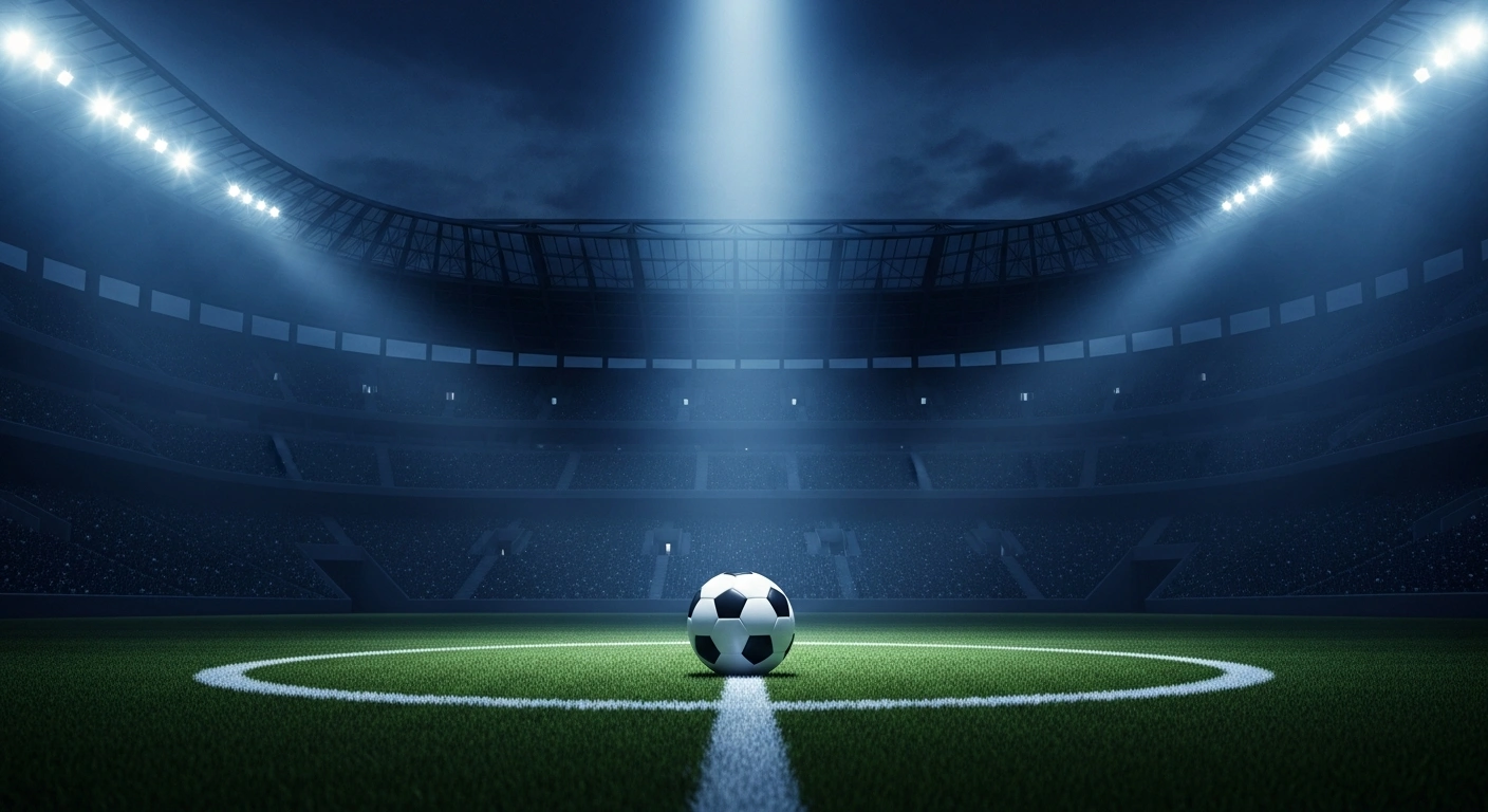 A lone soccer ball sits in the center of a dark, empty stadium representing the controversy surrounding FIFA and the Argentine national team.