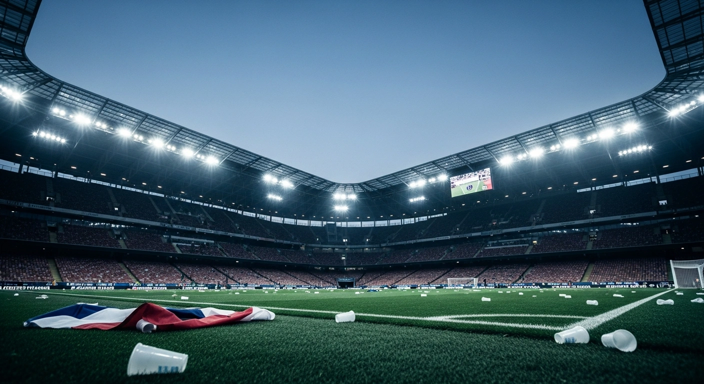 A wide, low-angle shot captures an empty football stadium at dusk, its harsh artificial lights illuminating scattered debris on the pitch and in the lower stands, representing the fan disturbances, national anthem disruptions, and pitch invasions during World Cup qualifying matches against Israel in October, for which FIFA fined the Italian and Norwegian football federations.