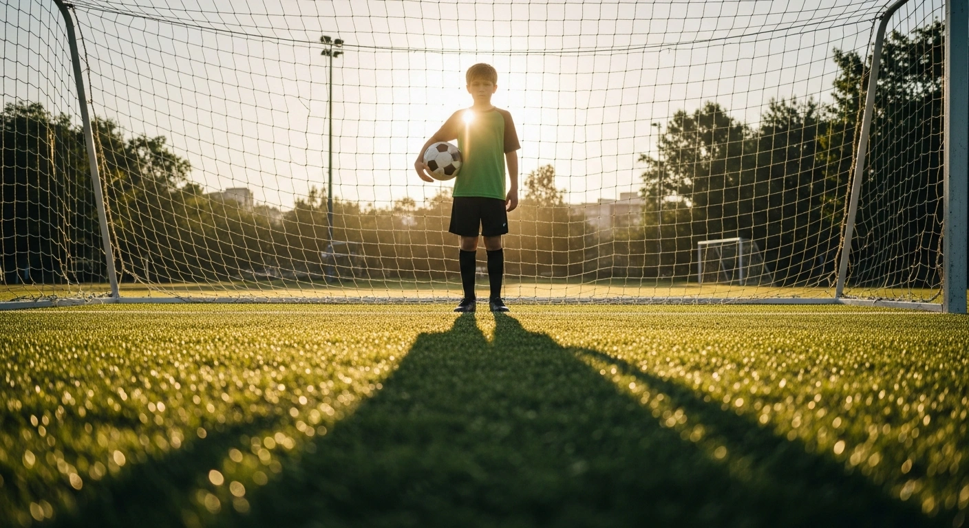 A young soccer player stands on a community field during sunrise to represent the FIFA World Cup 26 grassroots fundraising initiative in Canada.