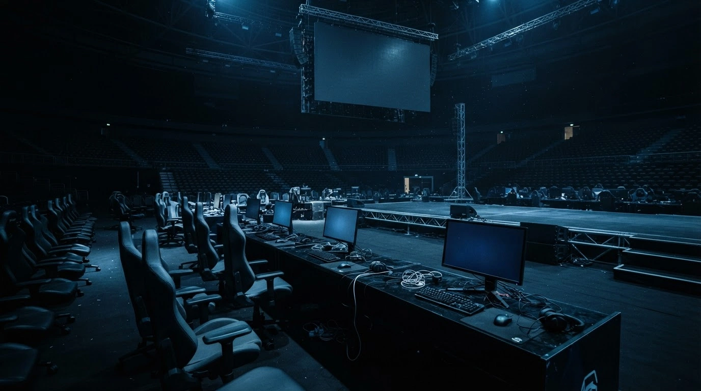 An empty, dimly lit esports arena in Jeddah stands silent after the postponement of the FIFAe Finals 2026 due to regional security concerns.