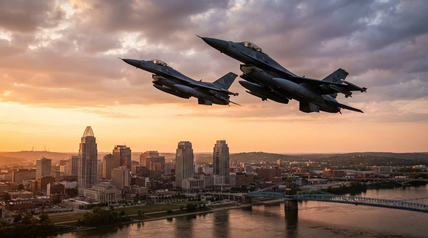 Two military fighter jets fly over Cincinnati to intercept a small aircraft that entered restricted airspace during a presidential rally.