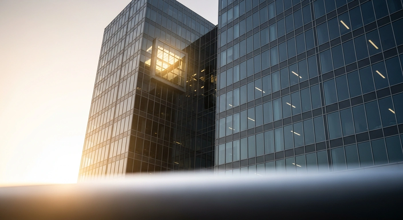 A modern corporate building bathed in the golden light of dawn, with a single brightly lit window, visually representing FIH Group plc's significantly narrowed pre-tax losses, 4% increased revenue, and the positive impact of a strategic warehouse sale and leaseback.
