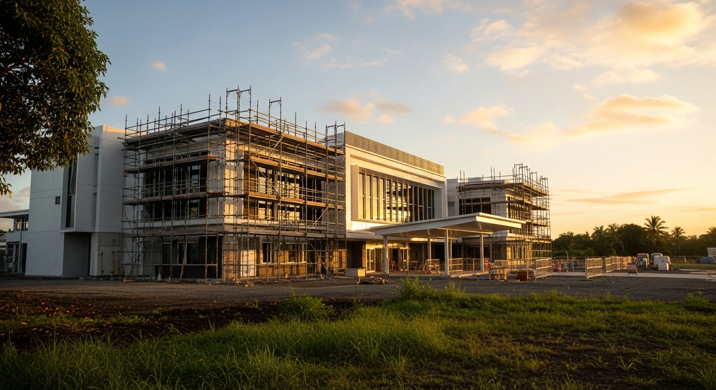 The new specialized burns unit at the Colonial War Memorial Hospital in Suva, Fiji, stands under construction as part of a partnership to improve medical capacity.
