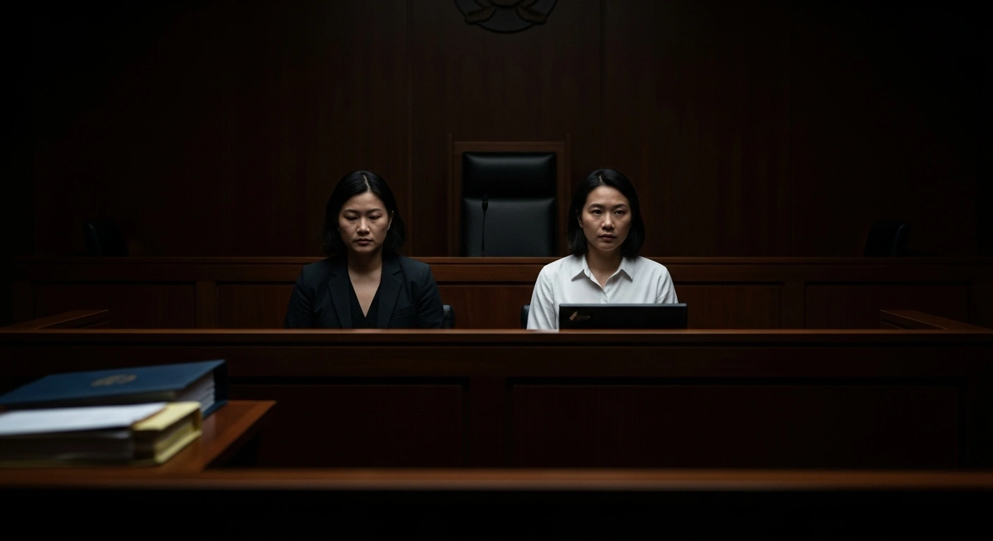 Two figures, partially obscured by deep shadows, are seated in a stark, modern courtroom under harsh overhead lighting, representing the Chinese nationals remanded in Fiji for alleged methamphetamine possession.