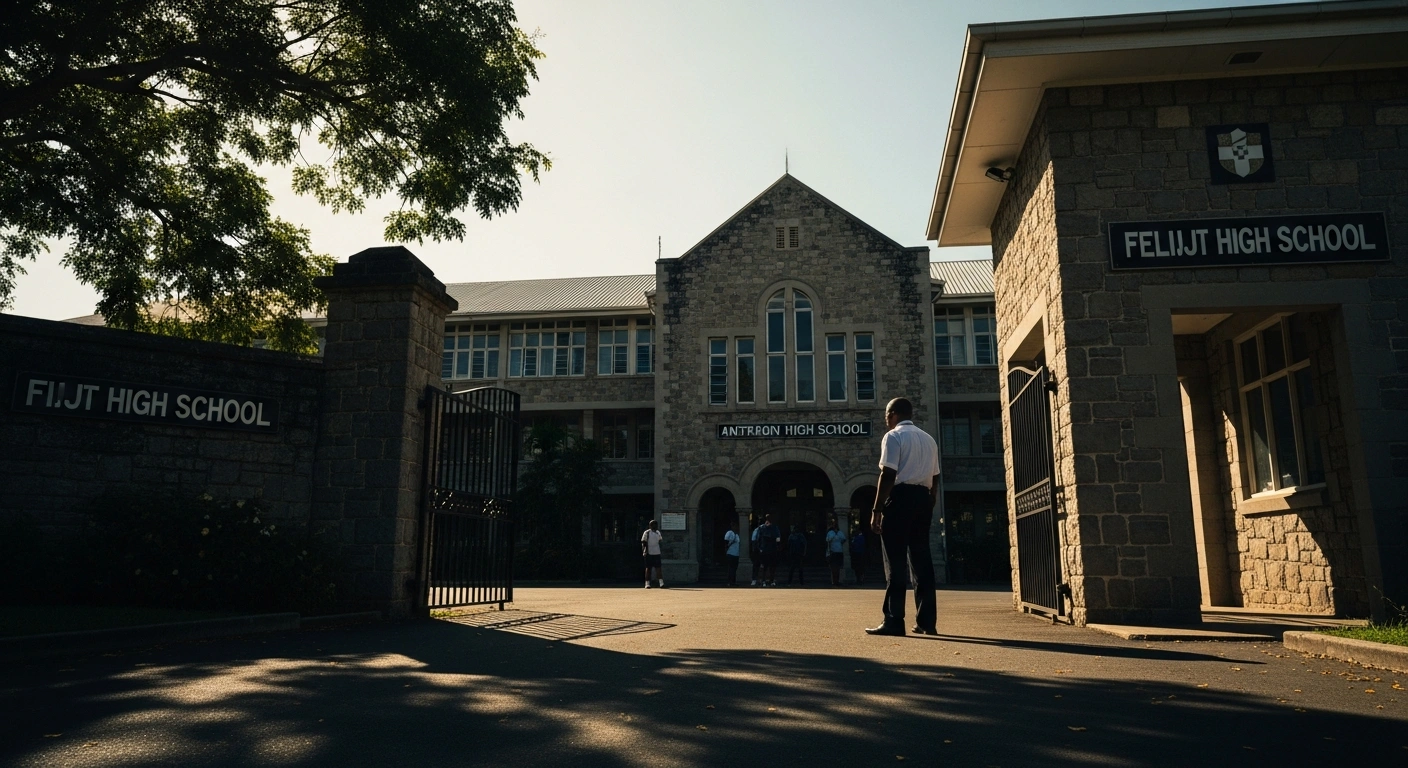 An education official stands outside the entrance of Natabua High School in Fiji during an investigation into unauthorized access protocols.