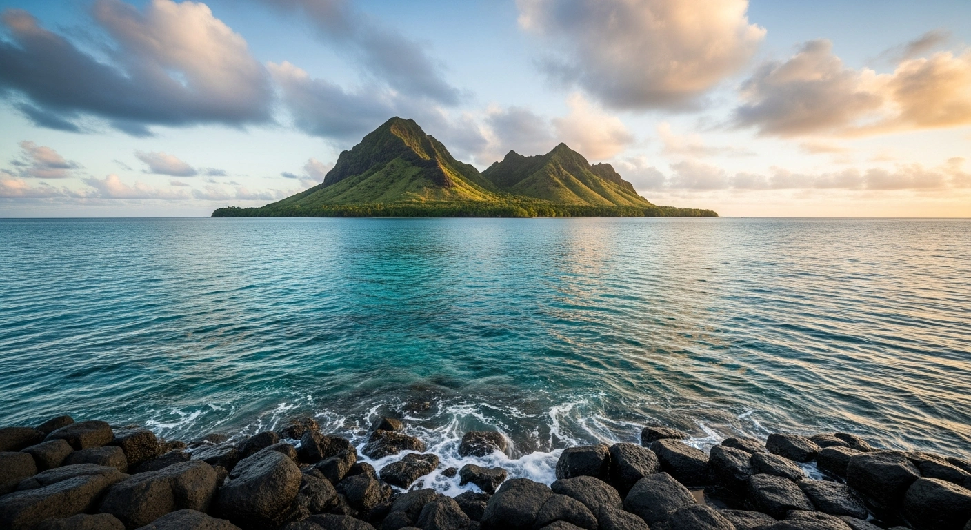 A scenic view of the tropical Vanuabalavu Island in Fiji surrounded by the calm South Pacific Ocean after a minor magnitude 4.2 earthquake.