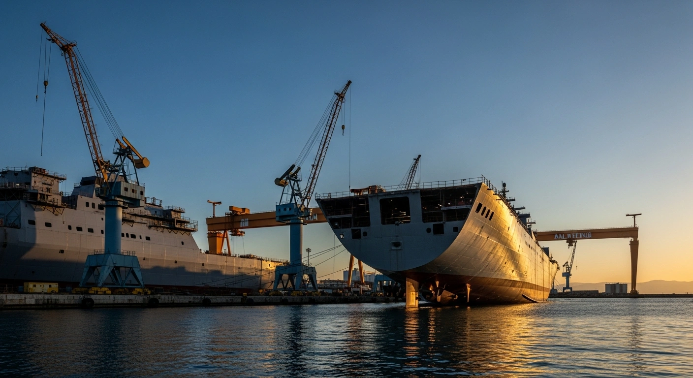 A wide, low-angle shot of a modern naval shipyard at dusk, featuring the colossal hull of a partially constructed military vessel under towering cranes, symbolizing the Fincantieri and KAYO joint venture in Albania to construct and maintain military vessels.