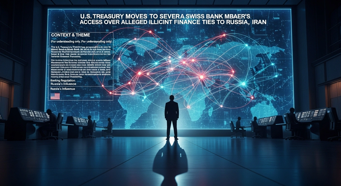 A large, glowing holographic display in a dimly lit room shows a complex financial network with red-highlighted nodes, symbolizing illicit transactions facilitated by a Swiss bank for actors linked to Russia, Iran, and Venezuela, under the scrutiny of a regulatory body.
