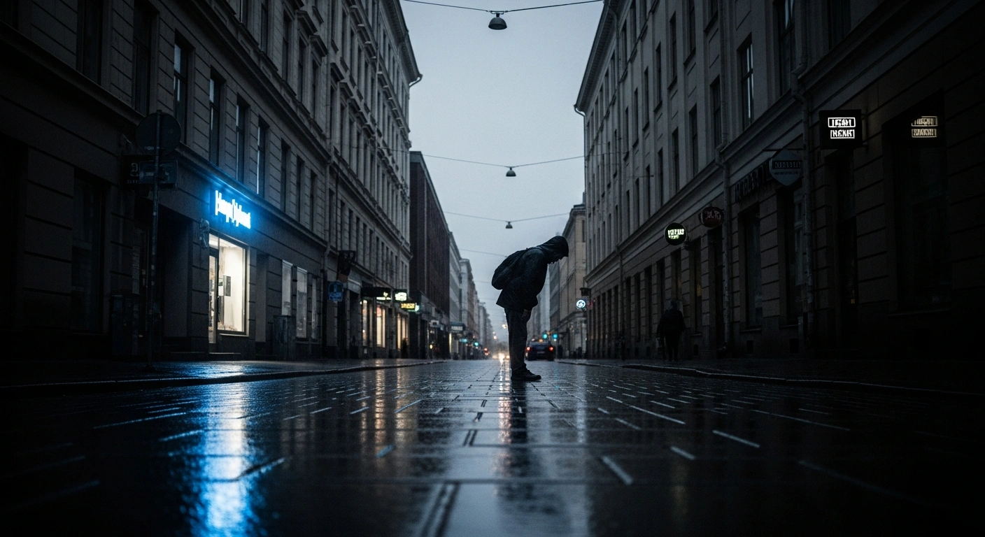 A solitary person stands on a dark, rainy street in Finland, representing the decline in consumer confidence and growing economic pessimism among households.