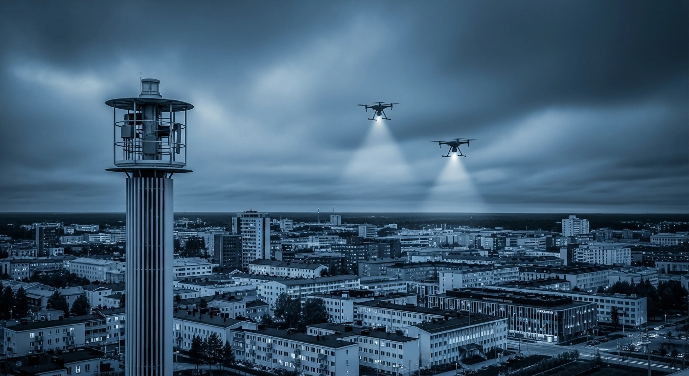 A modern public warning siren stands in a Finnish city as surveillance drones fly overhead during a national civil defense test.