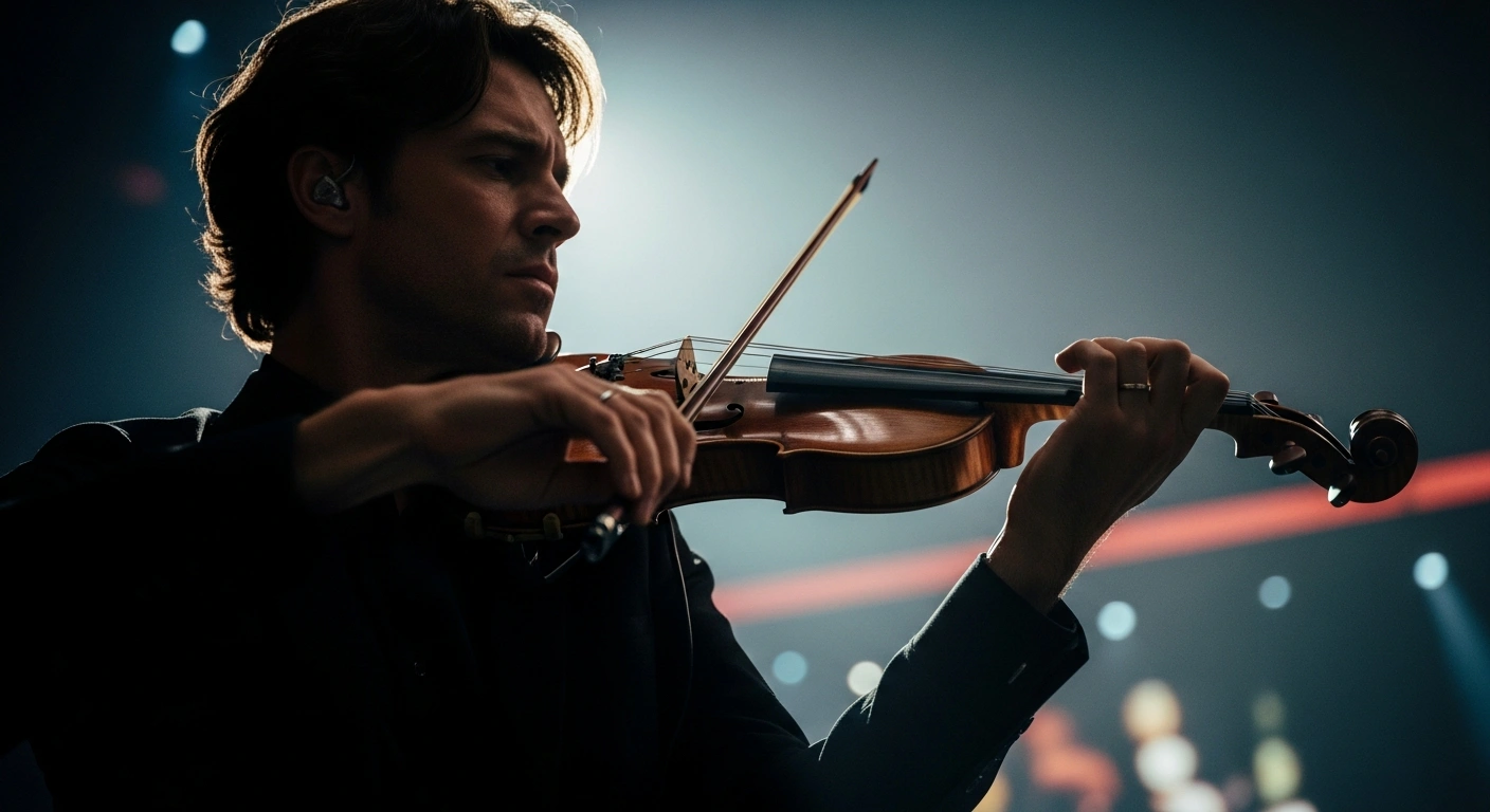 A violinist performs live on a grand stage during a Eurovision Song Contest rehearsal after receiving a special rule exception.