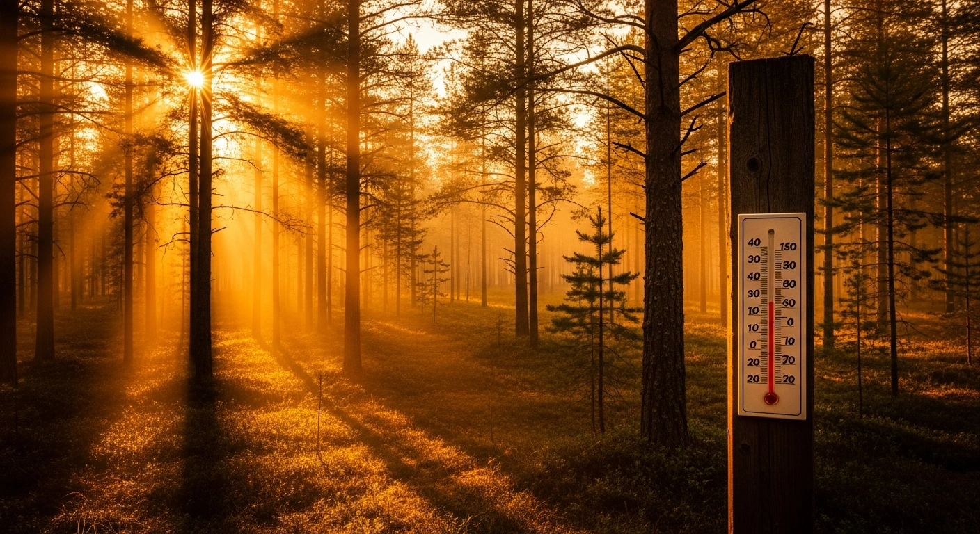 A thermometer displays high temperatures in a sun-drenched Finnish forest during a heatwave warning issued by the Finnish Meteorological Institute.
