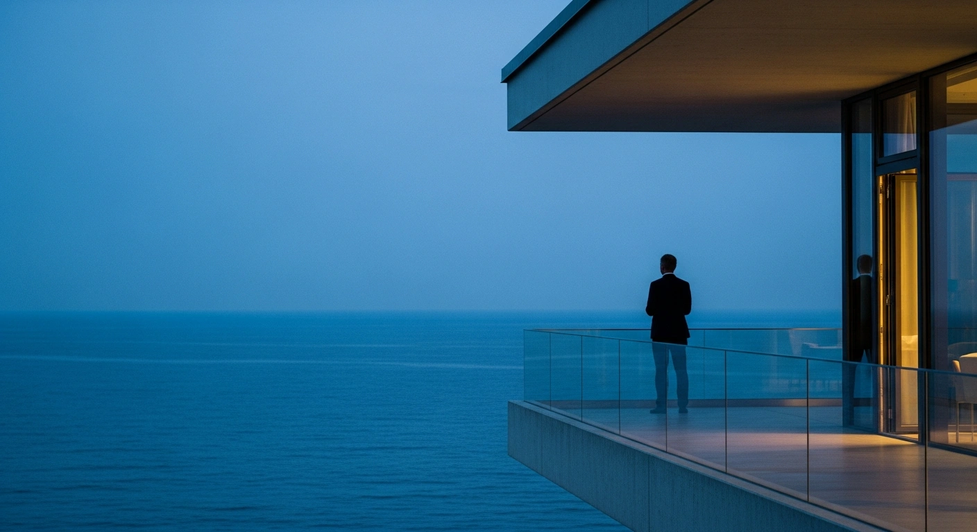 A Finnish diplomat stands on a balcony overlooking the sea, representing Finland's decision to remain neutral regarding military operations in the Persian Gulf.
