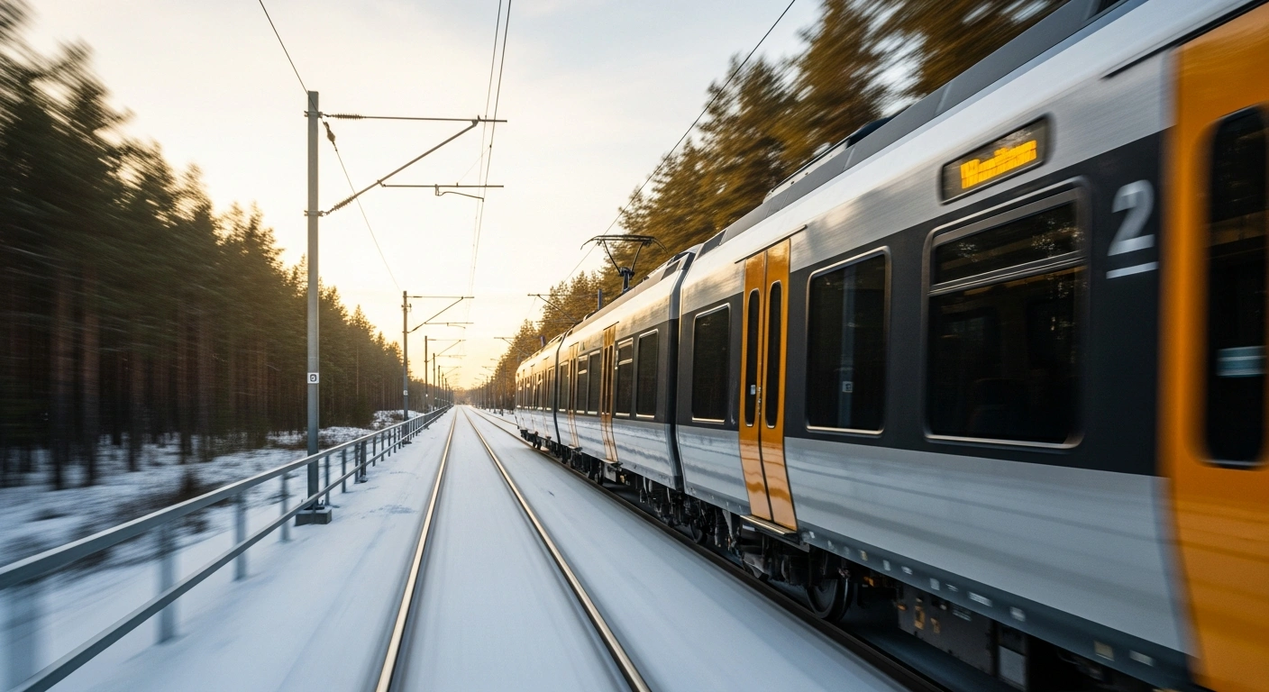 The new VR Sm7 electric commuter train travels along a track in the Helsinki region during a winter afternoon.