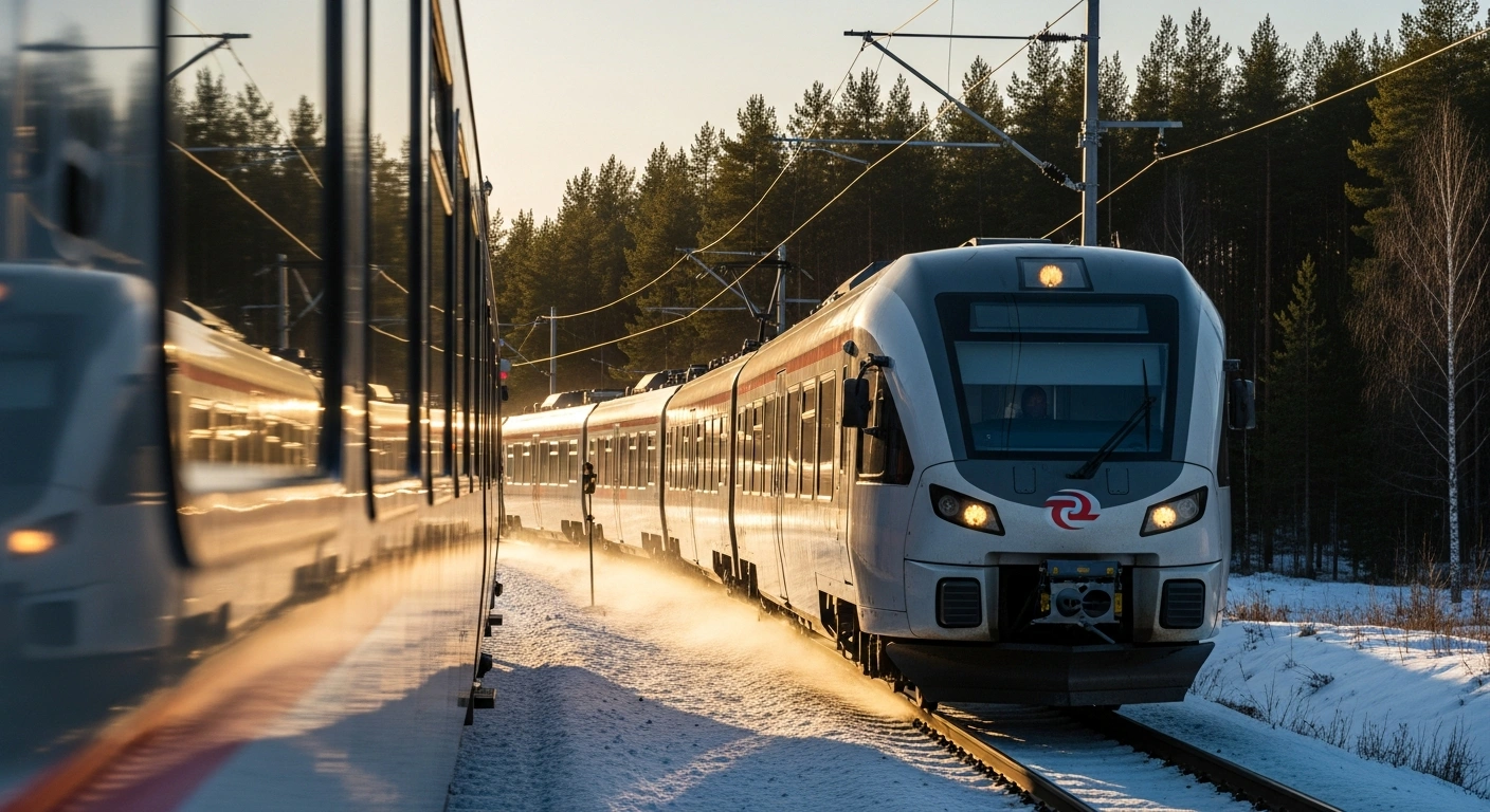 A modern Sm7 electric commuter train travels through a snowy Finnish landscape as part of the new VR fleet modernization project.