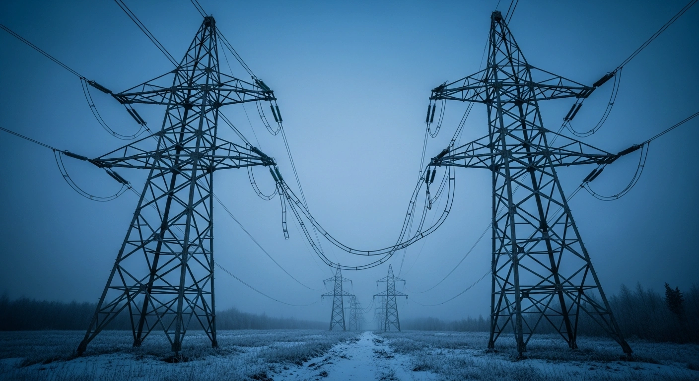 A row of industrial power pylons stands in a cold, snowy landscape representing the disconnection of cross-border infrastructure between Finland and Russia.