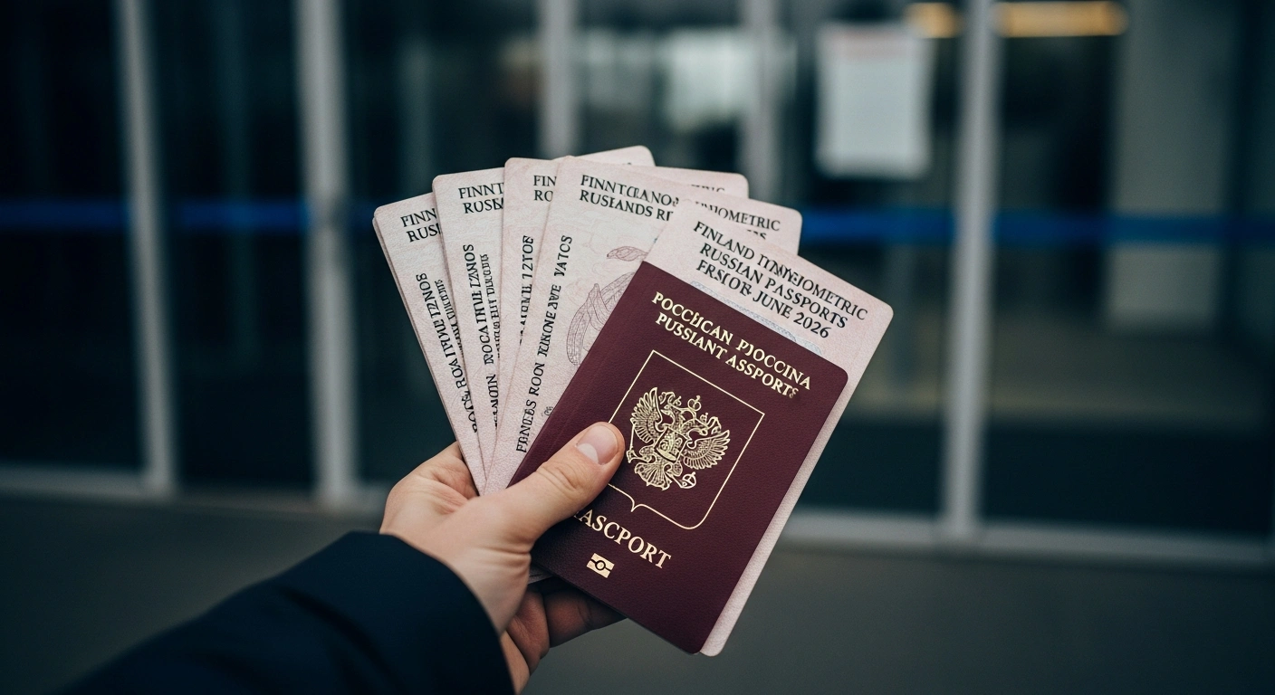 A close-up shot shows a hand holding a non-biometric Russian passport, symbolizing Finland's decision to cease accepting such documents from June 1, 2026, due to enhanced security needs.