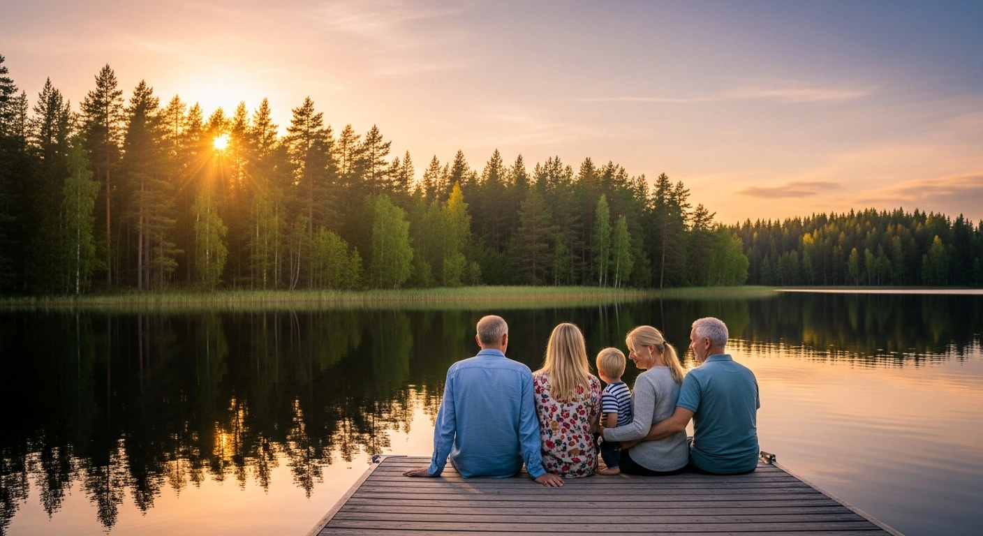 A happy family enjoys a peaceful moment by a calm lake in Finland, representing the country's status as the world's happiest nation.