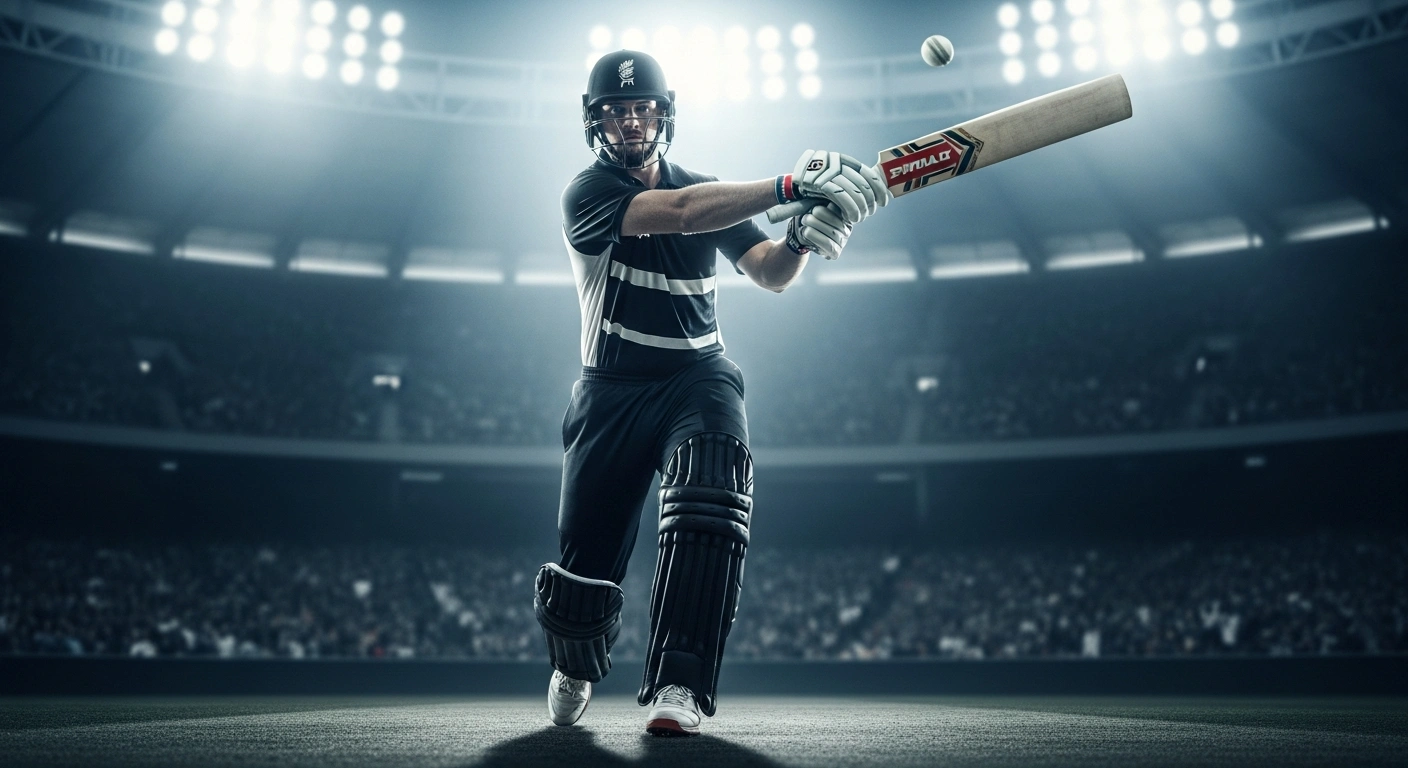 New Zealand cricketer Finn Allen swings his bat with intensity during a T20 match under stadium lights.