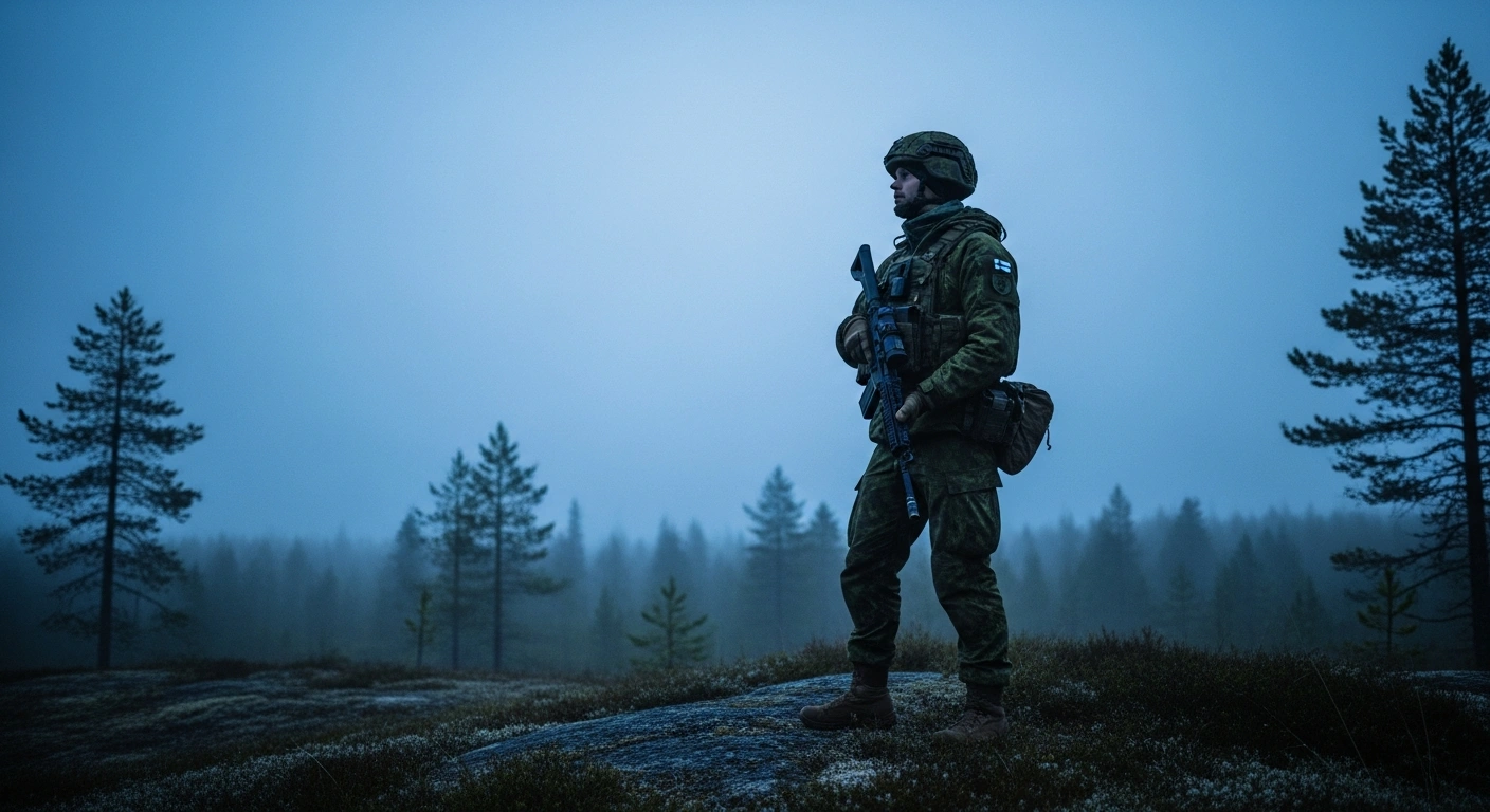 A Finnish soldier stands in a misty forest representing the military readiness of the Finnish Defence Forces on Flag Day.