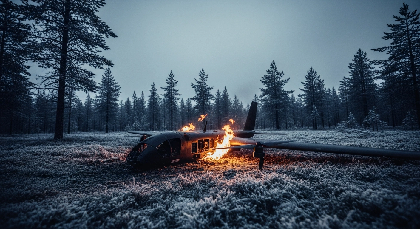 The wreckage of an unidentified drone lies in a snowy Finnish forest as authorities investigate the unauthorized airspace incursion.