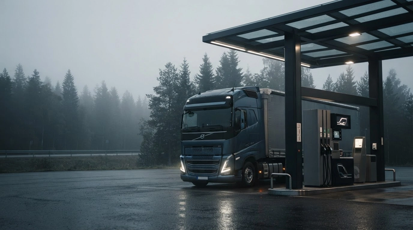 A modern fuel station in Finland stands in a misty landscape, representing the government's debate over fuel cost support packages for motorists and transport businesses.
