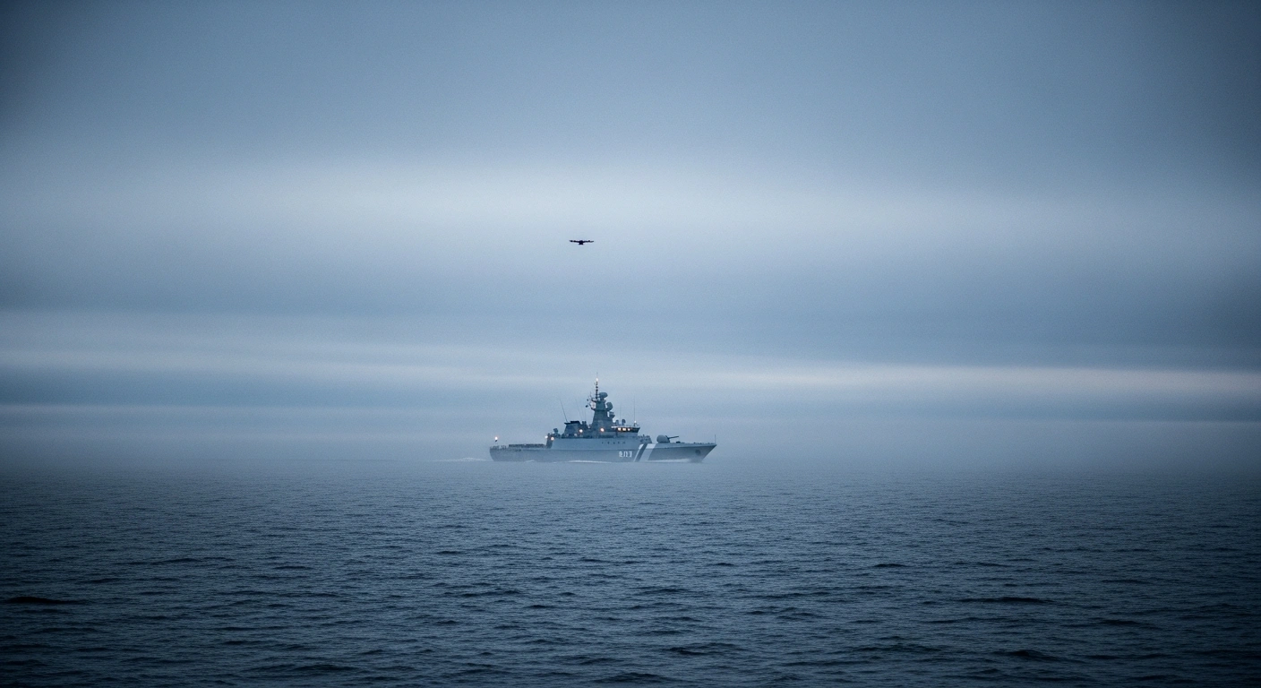 A Finnish naval patrol vessel monitors the eastern Gulf of Finland during temporary air and maritime traffic restrictions to mitigate drone risks.