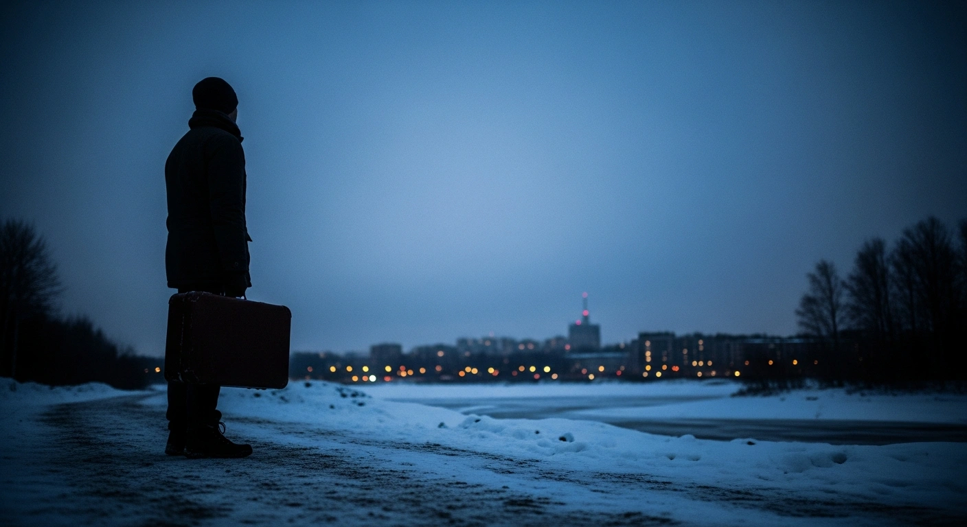 A lone traveler stands in a cold, snowy landscape in Finland, representing the victims of an alleged human trafficking and recruitment fraud scheme involving Myanmar nationals.