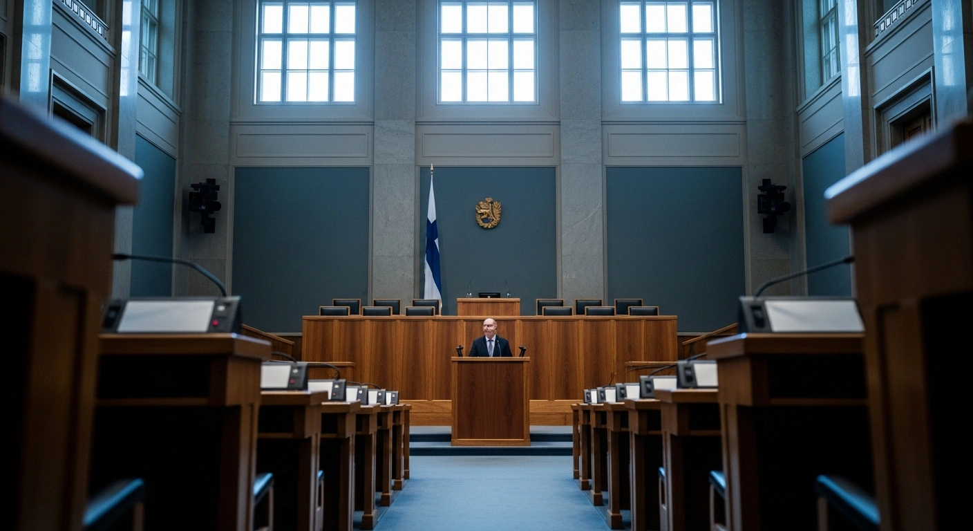 The interior of the Finnish Parliament chamber where Prime Minister Petteri Orpo and his government successfully survived a motion of no confidence.