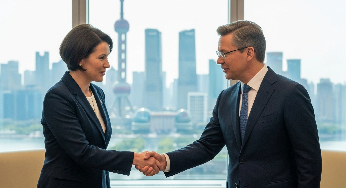 Finnish Prime Minister Petteri Orpo shakes hands with a Chinese dignitary in a modern Beijing conference room, signifying a high-level dialogue aimed at strengthening bilateral ties and promoting business opportunities during his official visit to China.